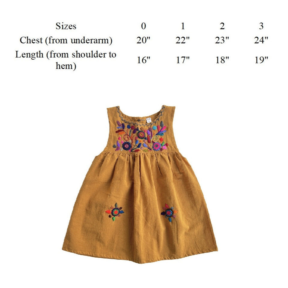 Sizing chart for a dress. Mustard dress with multi-colored embroidered flowers on the top and a pair of flowers on the bottom.
