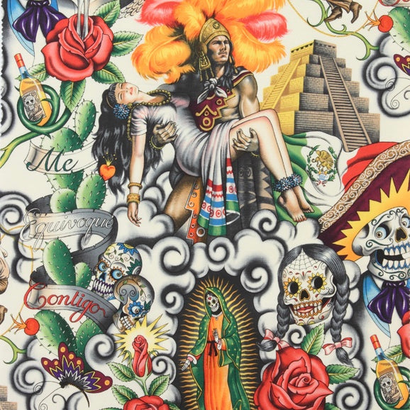 Alexander Henry Fabrics with the Contigo pattern of an Aztec warrior and surrounding Mexican imagery. 