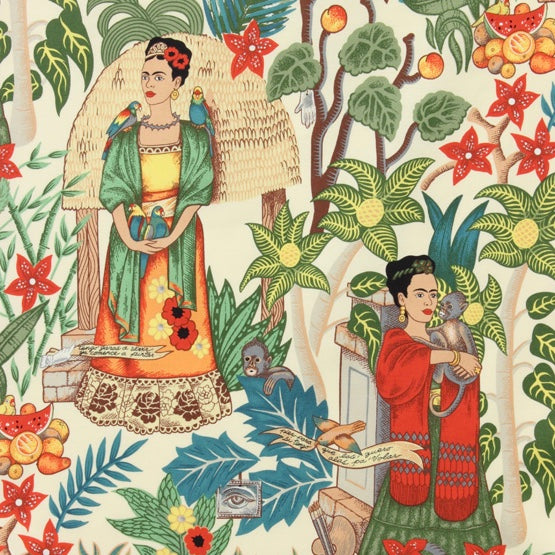 Alexander Henry Fabrics in Frida's Garden (Tea) pattern. This pattern has multiple Frida's surrounded by a foliage of tropical plants and animals