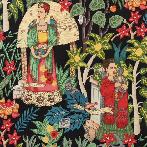 Alexander Henry Fabrics in Frida's Garden (Black) pattern. This pattern has multiple Frida's surrounded by foliage and tropical plants.