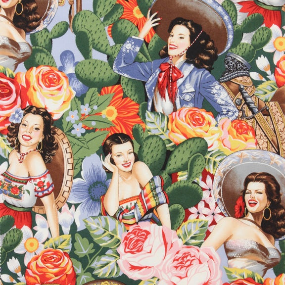Alexander Henry Fabrics in Las Señoritas pattern with Mexican vintage pin-up girls surrounded by cactus and flowers