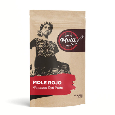 Front view of Mexican Milli Mole - Mole Rojo with branded plastic pouch with a Ziploc style closure.