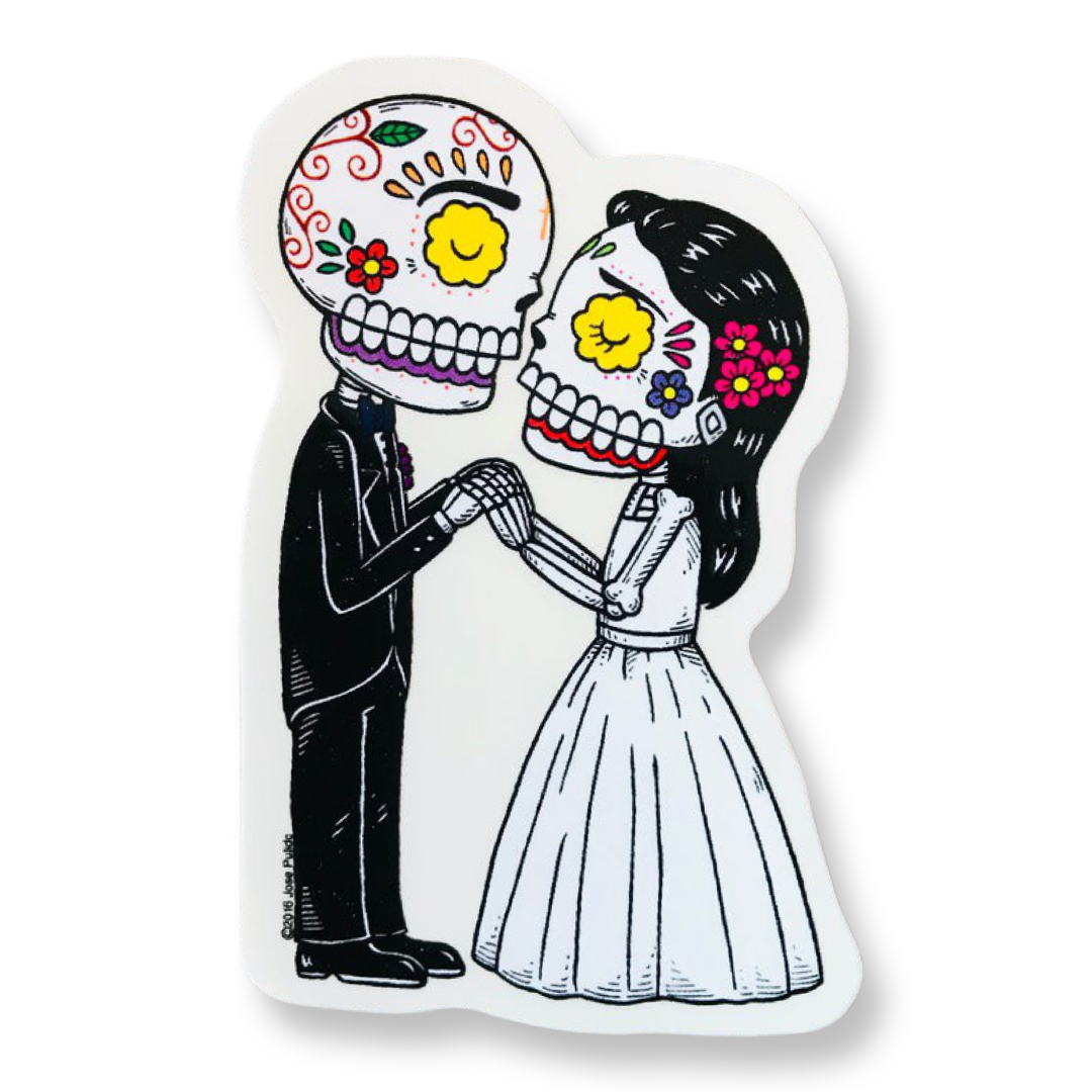 Bride and groom calavera (skull) wedding sticker.