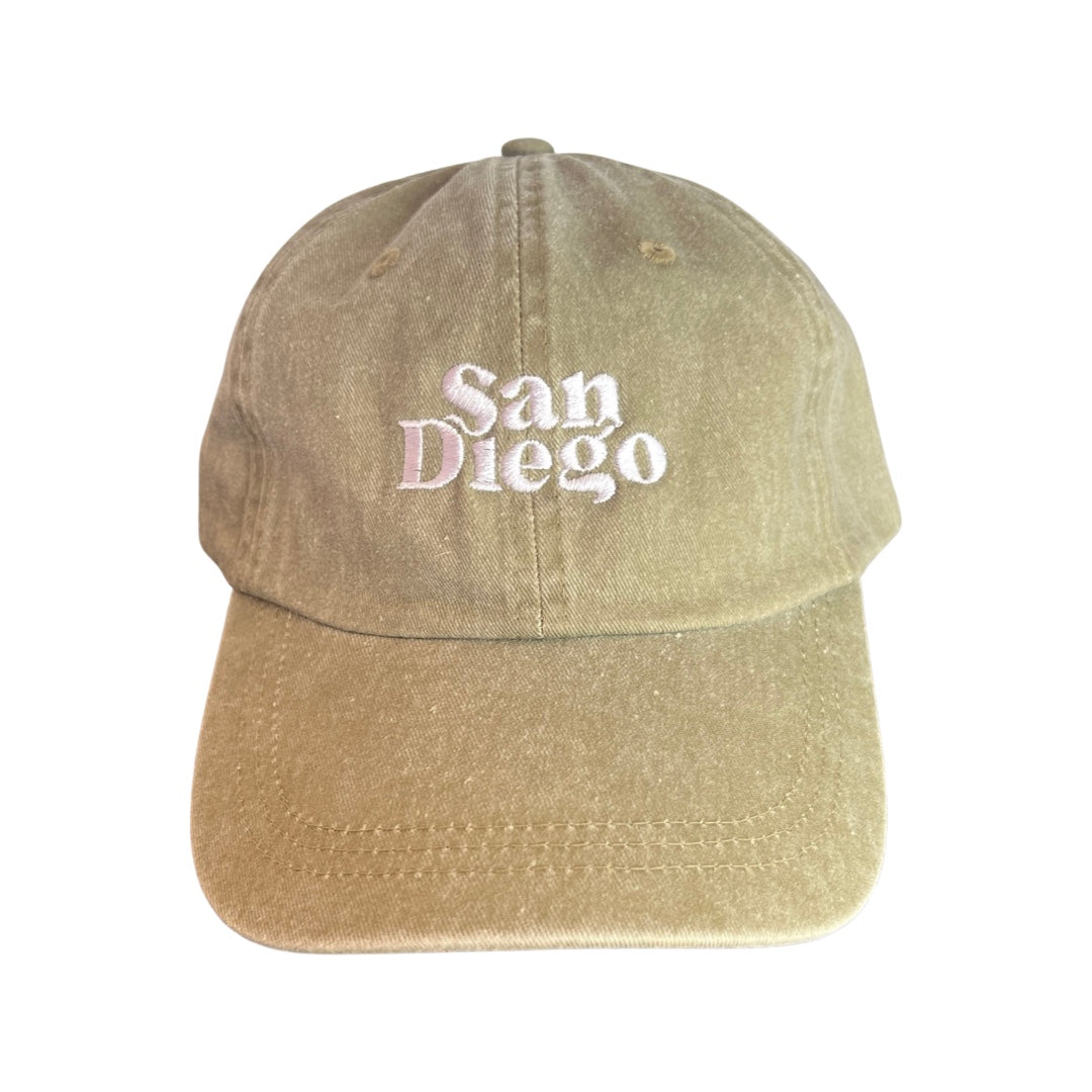 Khaki hat with the word San Diego in white lettering