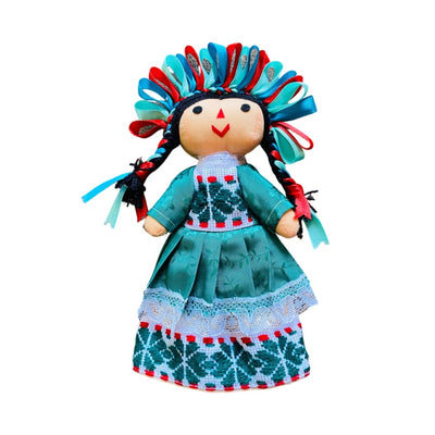 Mexican maria doll with a traditional Mexican teal dress and ribbon head band.