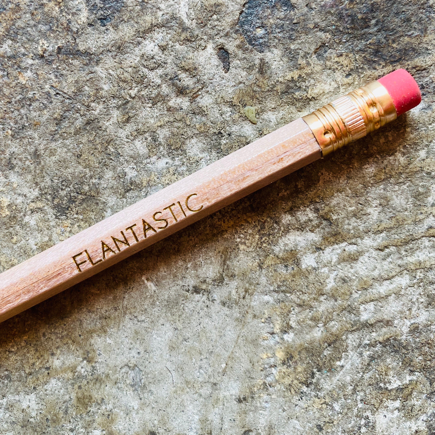 Close up of Flantastic phrase pencil in natural.