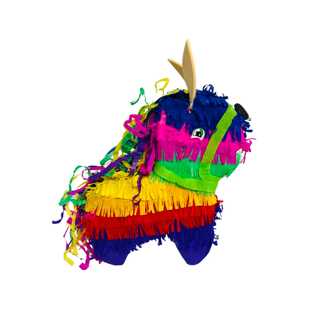Multi-colored donkey piñata featuring ears and a string to hang.