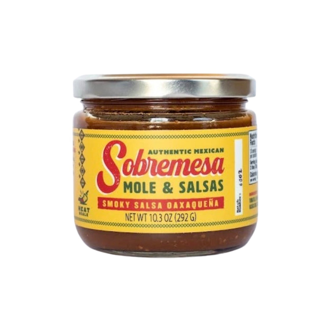 10.3 oz clear jar of smoky salsa Oaxaqueña with a yellow and red branded label.