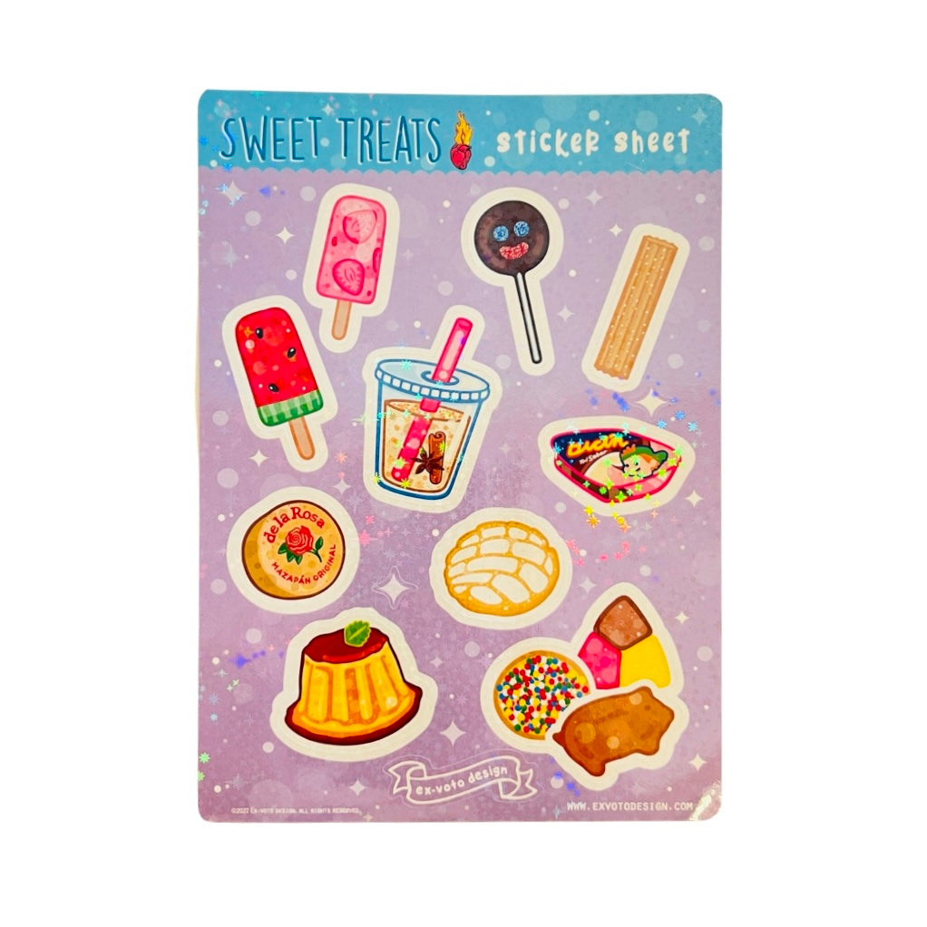 Single sheet of stickers that features Mexican sweet treats like paletas, flan, horchata, churro and various pastries.