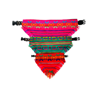 Three Mexican serape dog bandanas with a collar, one pink, green and red bandana.