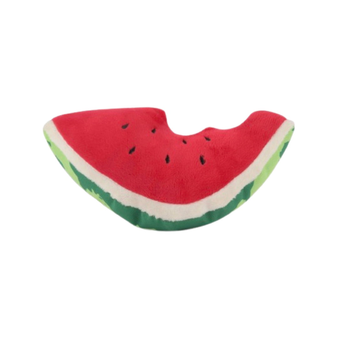 Plush slice of watermelon dog toy featuring a bite of the watermelon