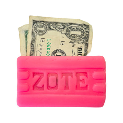 A realistic pink zote soap coin pouch with a dollar bill.