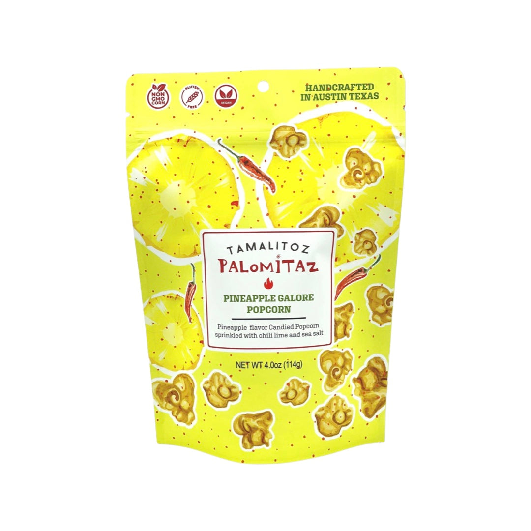 4 ounce bag of candied popcorn in pineapple flavor. packaging is yellow with images of pineapple, chiles and popcorn as well as the name of the product in the center.