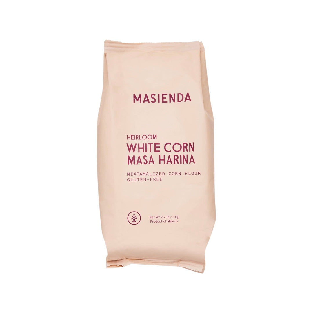 front view of Heirloom White Corn Masa Harina  in branded packaging bag.