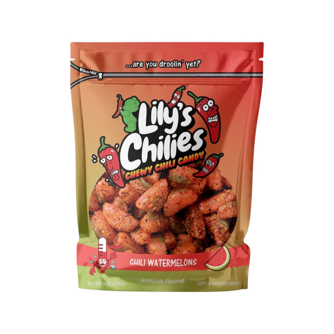 4 oz bag of chili covered watermelon gummi candy in a green and red branded bag.