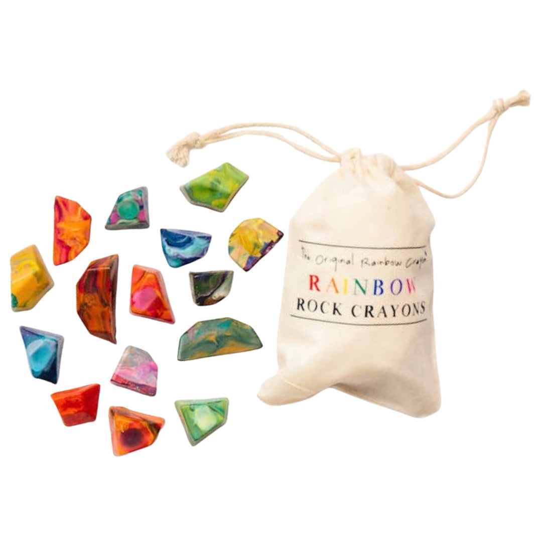 A beige linen drawstring bag with 15 colorful stone looking crayons.