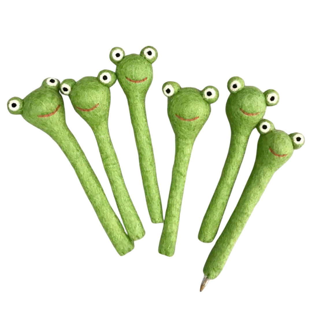Set of 6 green felt frog pencil toppers