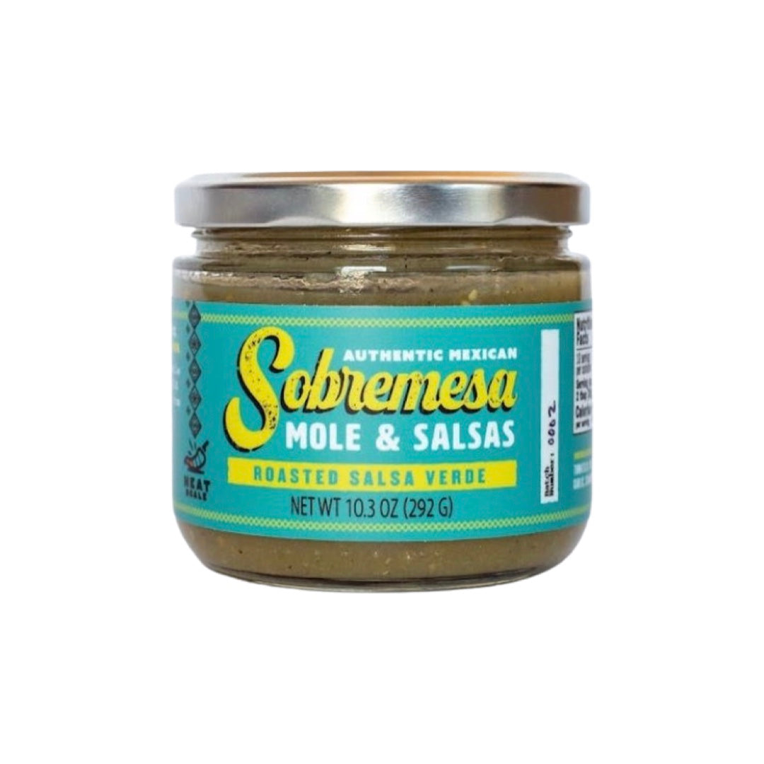 10.3 oz of Roasted salsa verde in a clear jar with teal and yellow branded labeling.