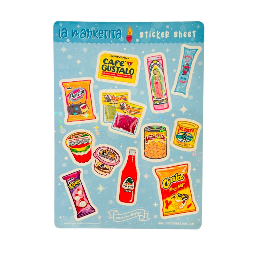 Single sheet on stickers that features Mexican market staples like Cheetos, pastries, beans, Virgen candle and coffee.