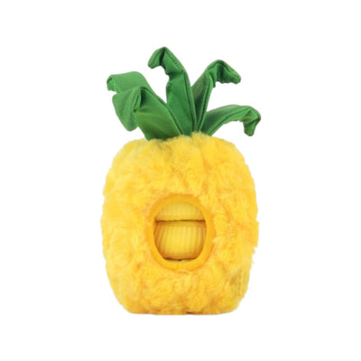 Plush pineapple dog toy with an opening for squeaker toys inside
