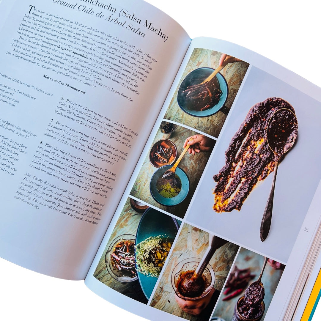 A page of the cookbook with pictures of the recipe for Salsa Macha.