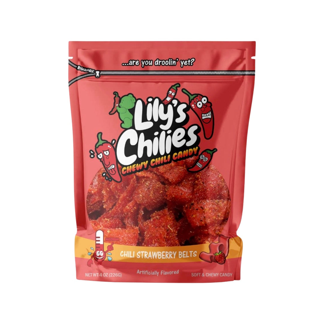 4 oz bag of chili covered strawberry belt candy in a red branded bag.