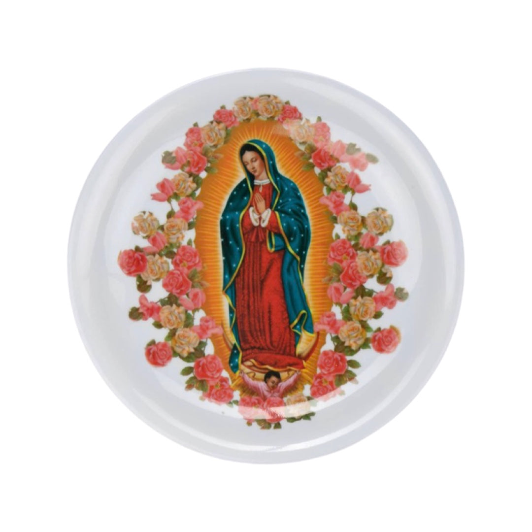 White melamine plate featuring an image of Lady Guadalupe surrounded by pink roses.