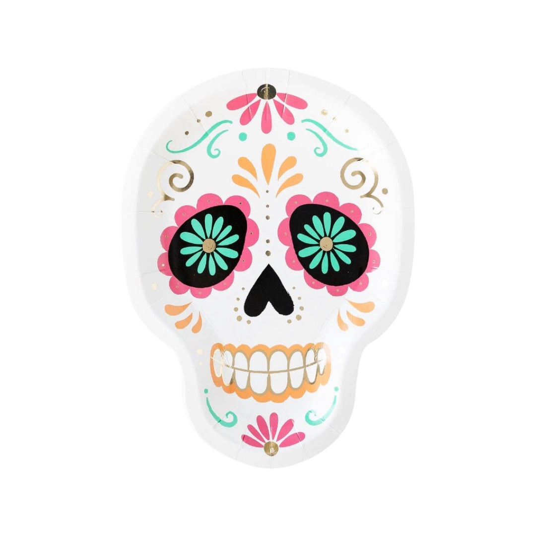 Sugar skull with gold, pink, teal and orange accents.