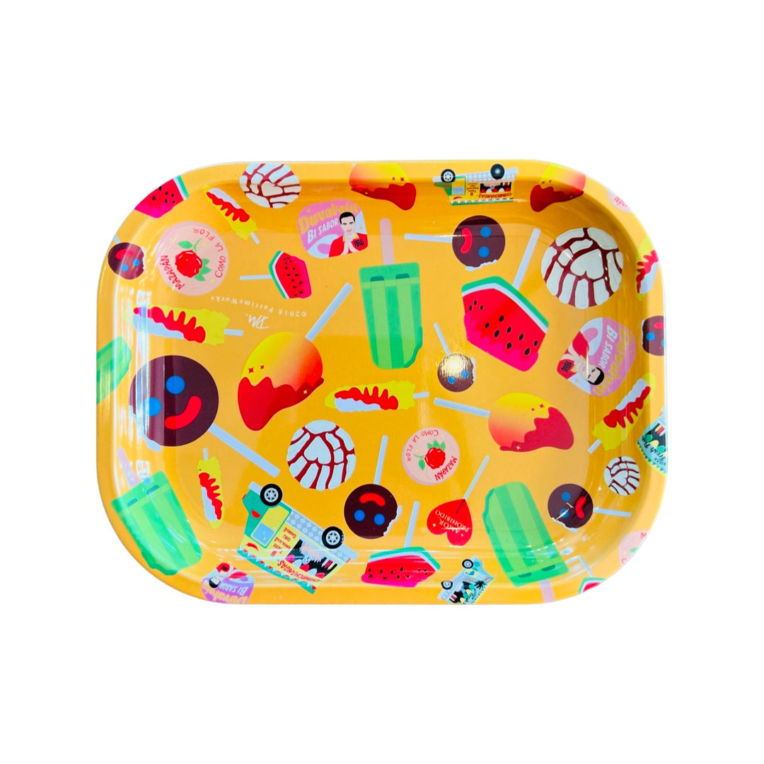 Top view of Dulces Novelty metal rectangular tray. Design features a variety of popular Mexican candies and sweets. 