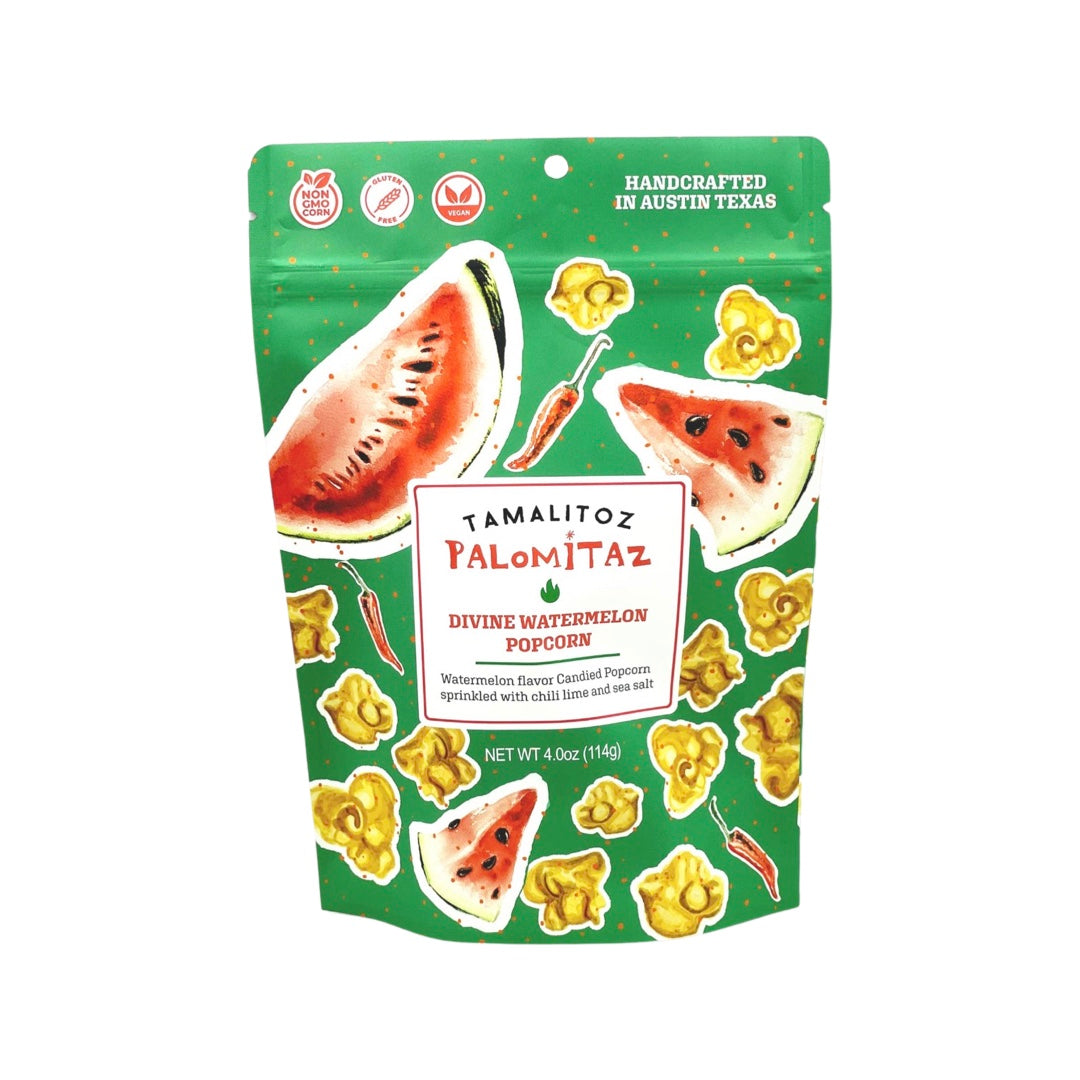 4 ounce bag of candied popcorn in watermelon flavor. packaging is green with images of watermelon, chiles and popcorn as well as the name of the product in the center.