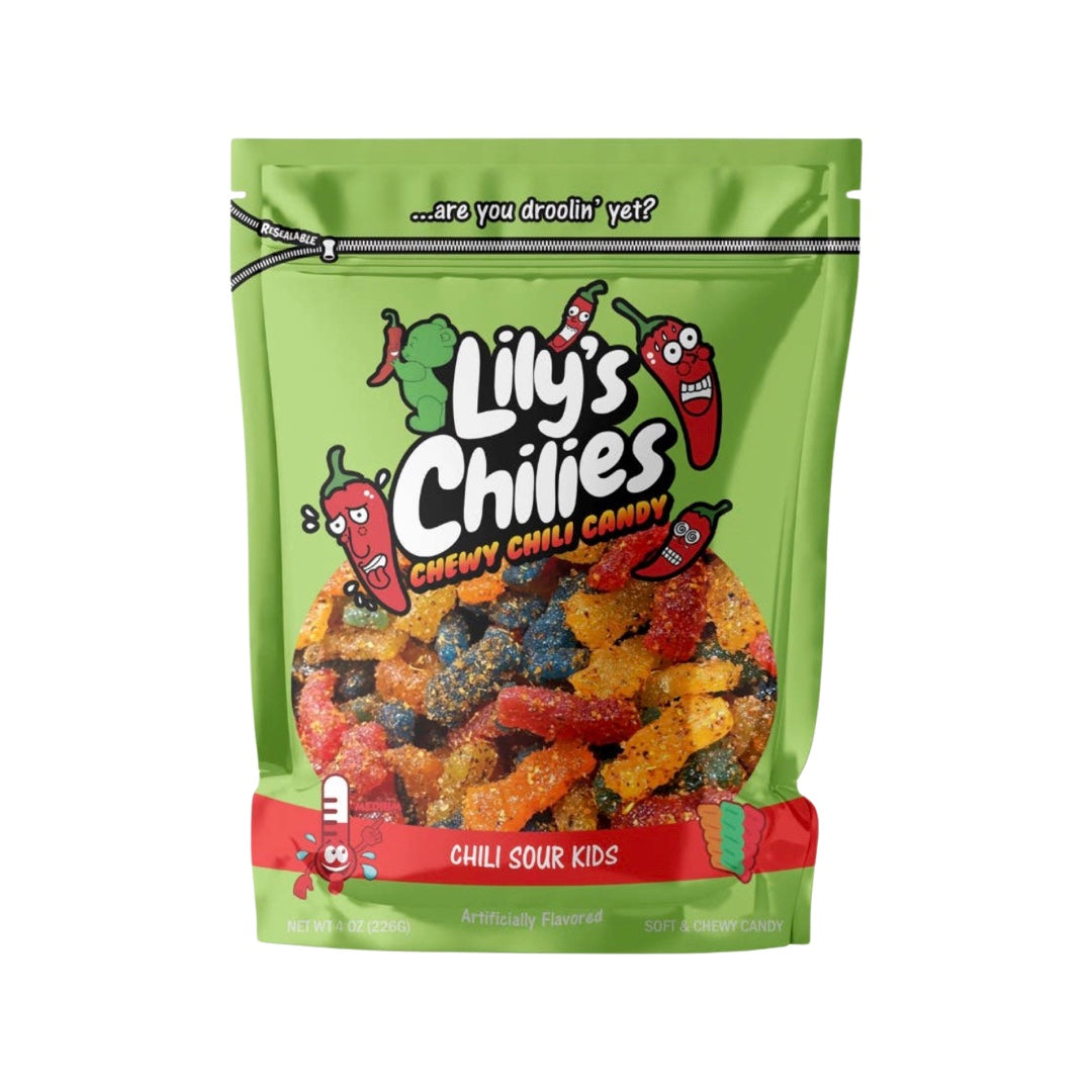 4 oz bag of chili covered sour kids candy in a green branded bag.