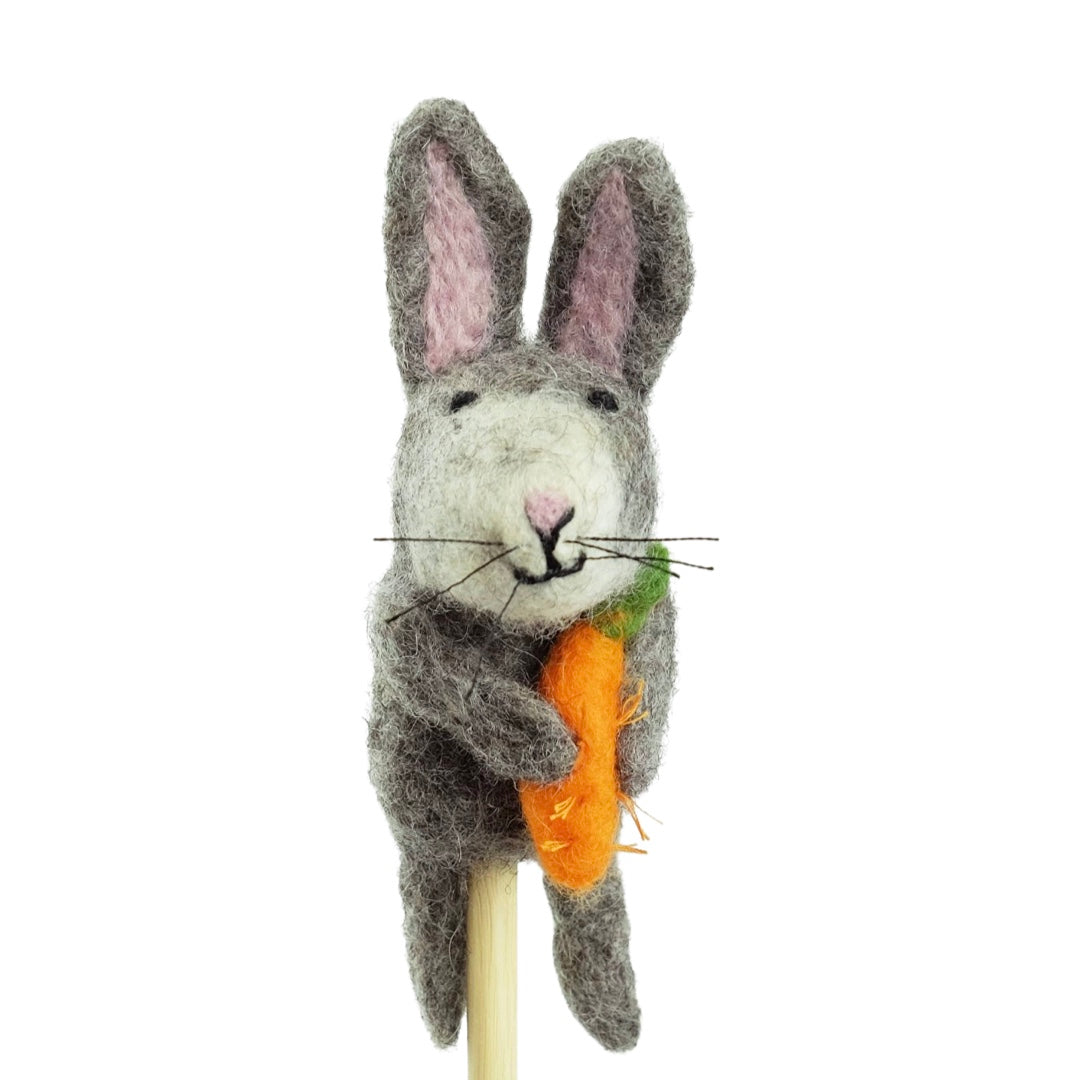 Grey felt bunny pencil topper with a carrot.