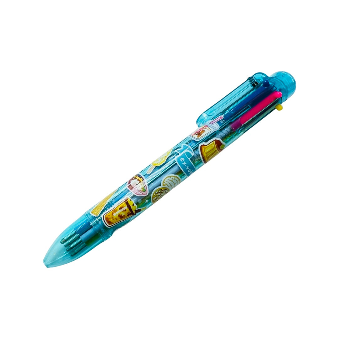 Teal multi-colored pen that features images of various Mexican treats such as conchas, flan, horchata and candy