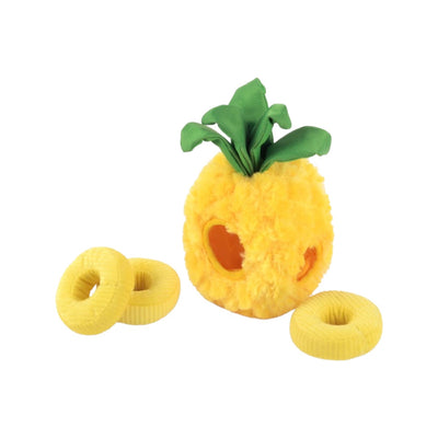 Plush pineapple dog toy with three pineapple slices squeaker toys.