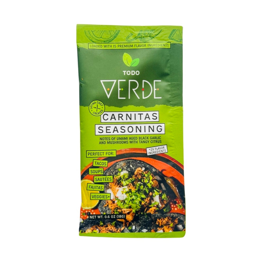 0.6 oz of Todo Verde carnitas vegan seasoning in a green packet.