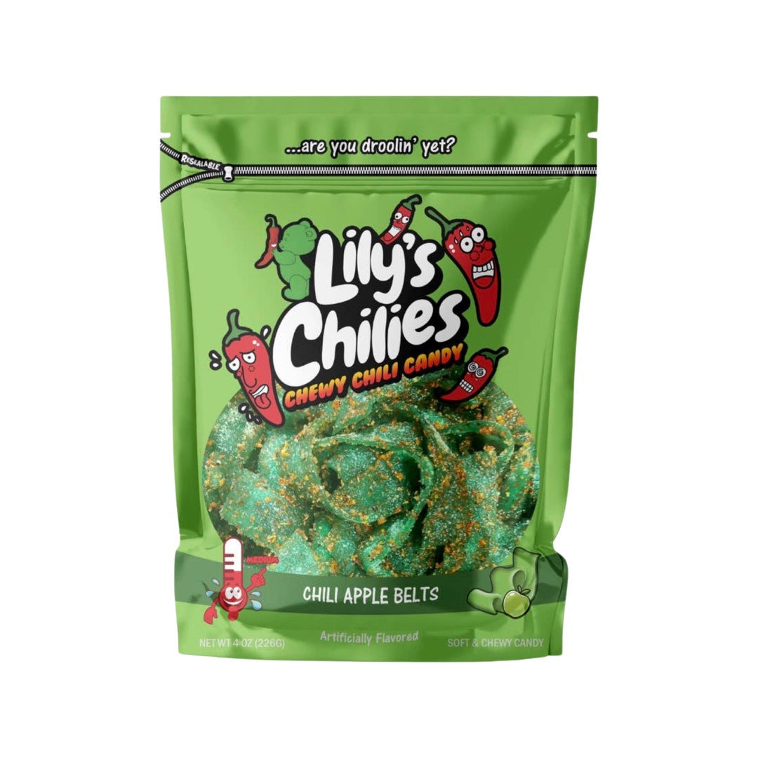 4 oz bag of chili covered green apple belt candy in a green branded bag.