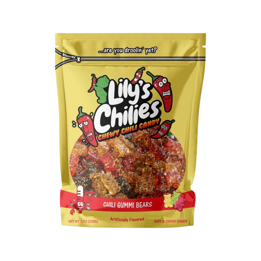 4 oz bag of chili covered gummi bears candy in a yellow branded bag.