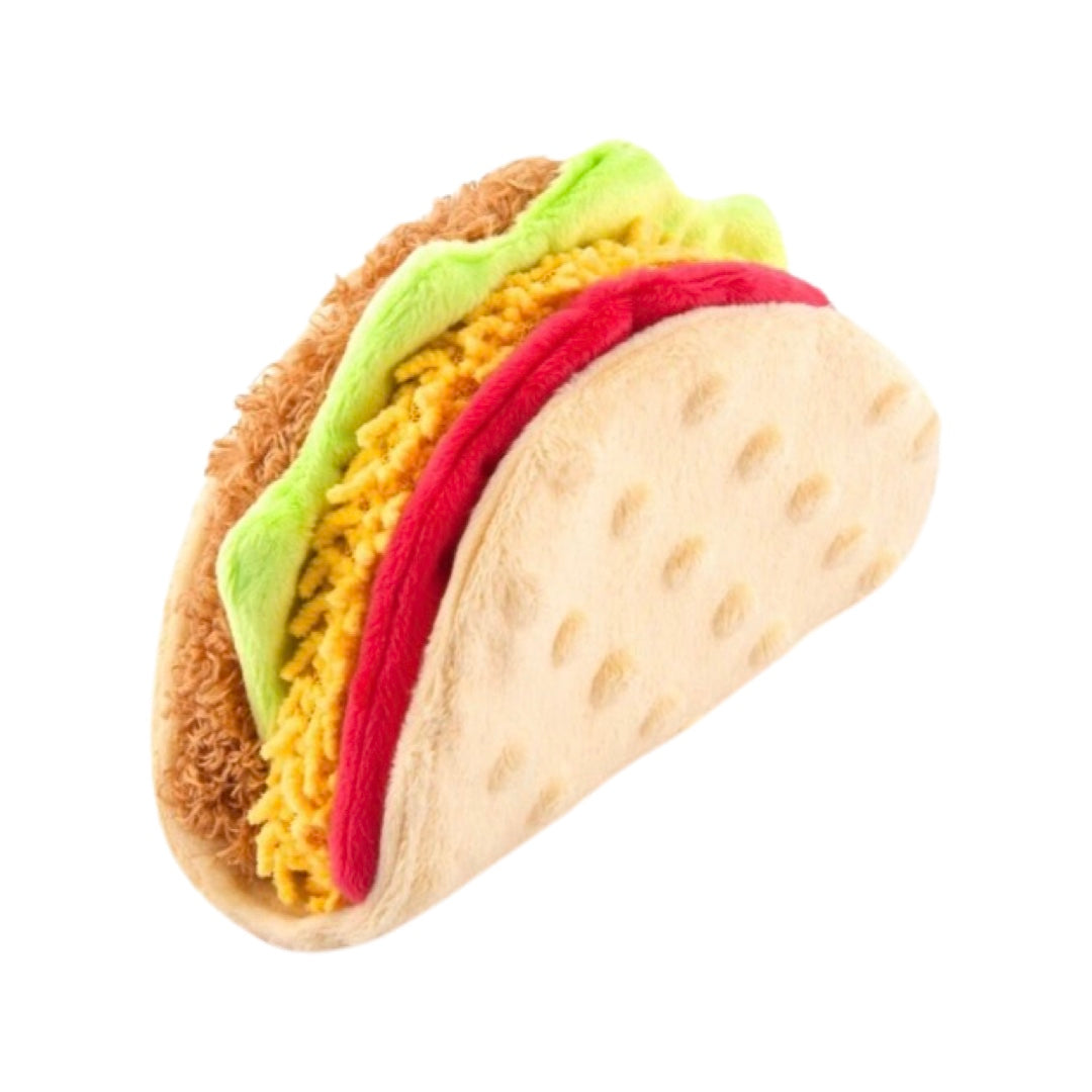 plush taco dog toy featuring tomato, lettuce and meat components.