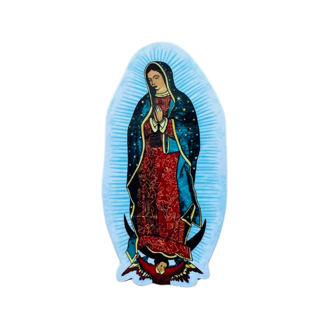 Vinyl sticker of the Virgin Mary in traditional colors and blue halo rays
