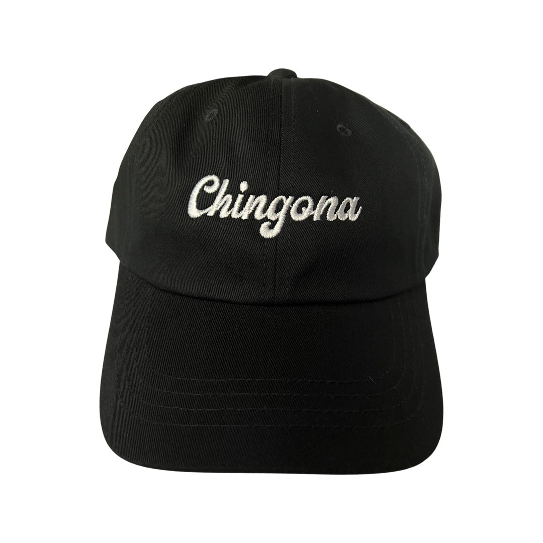 Black canvas hat with the phrase Chingona in white embroidered lettering.