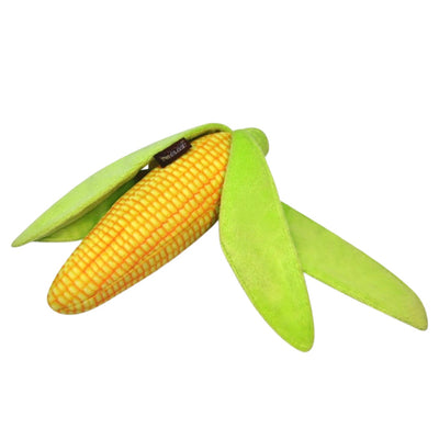 Plush ear of corn dog toy with the husks spread open.